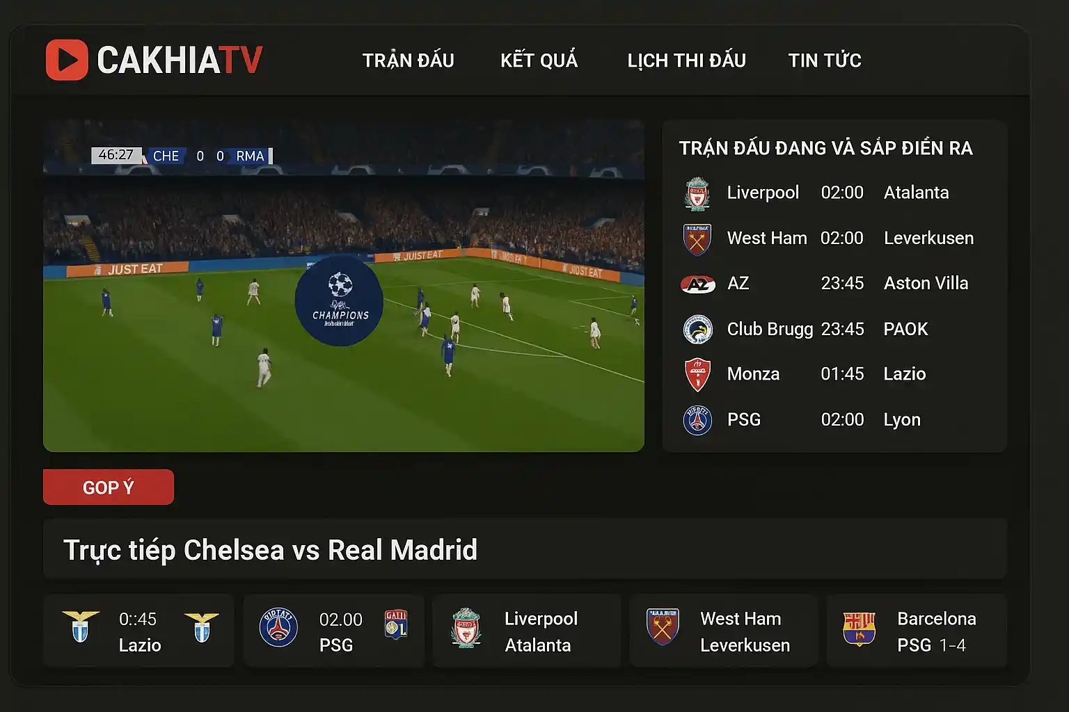 Giao diện xem bóng đá trực tuyến trên CakhiaTV, dễ dùng và nhanh chóng